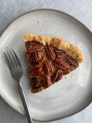 pecan pie slice from the flaky apple pie co